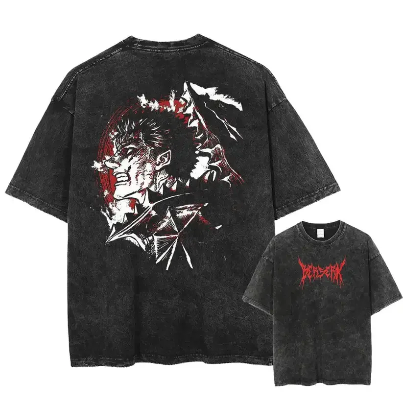 Anime Berserk Guts Acid Tshirt Retro Vintage Washed Graphic Tees Men Harajuku Cotton Casual Short Sleeve Tshirt Tops Unisex image 3