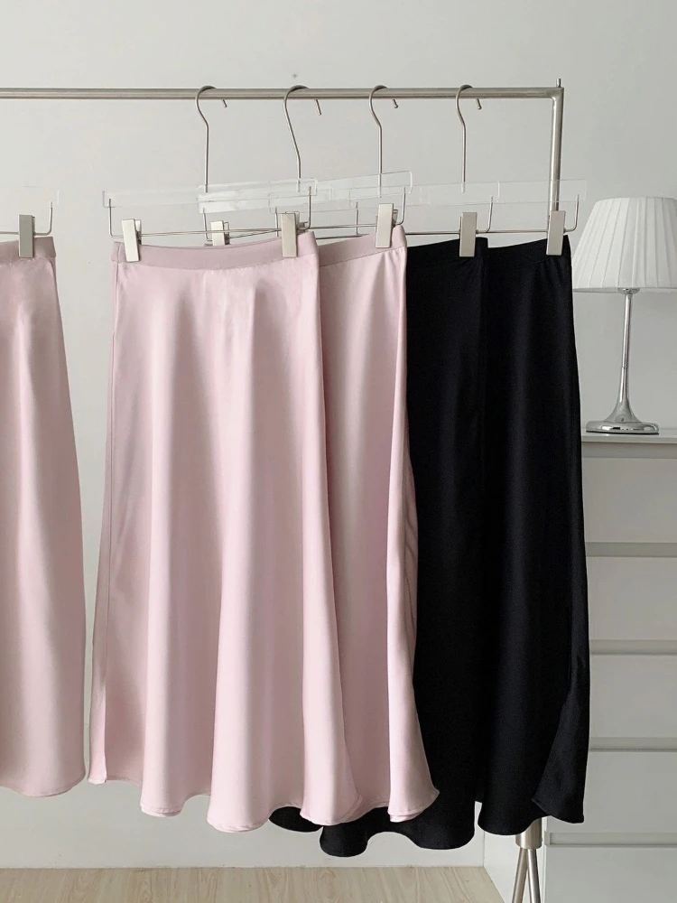 

HOUZHOU Elegant Satin Skirt Women Korean Fashion Streetwear Casual Long Skirts Black Office Lady Solid A-line High Waist