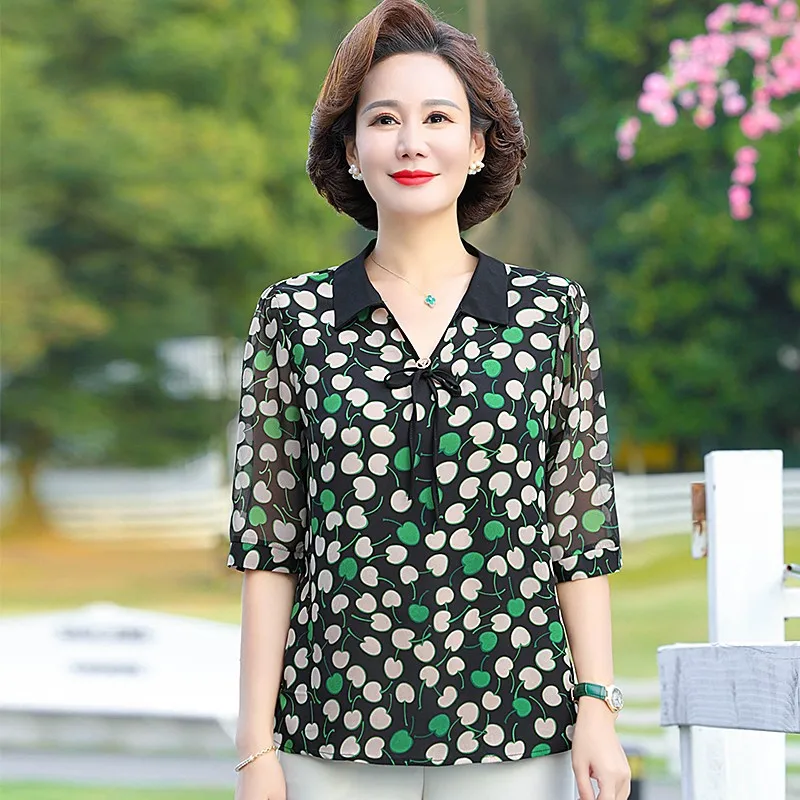 

Women Spring Summer Spring Shirts Lady Fashion Casual Half sleeve Turn-down Collar Flower Printing Blusas Tops