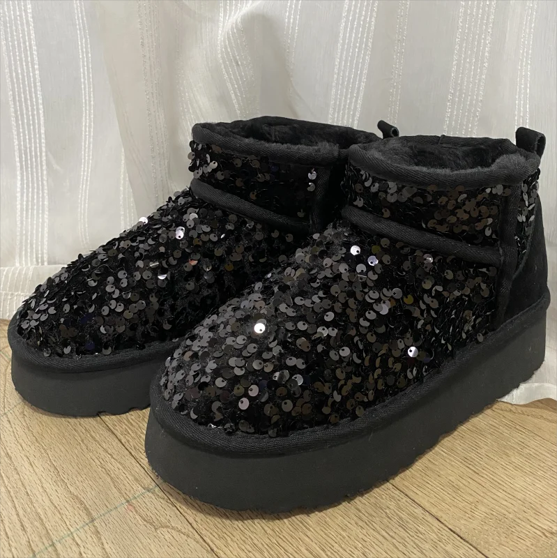 HQF UG Hot Winter Ultra Mini 4CM Platform Snow Boots Black Bling Sequined Cloth Wool Lined Women Fashion Boots Plus Size35-46