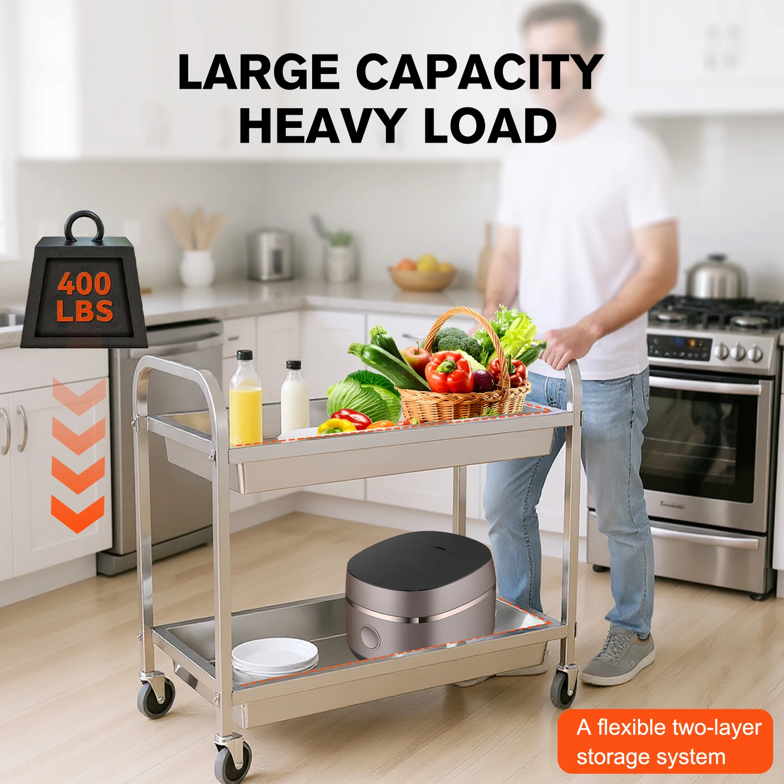 

Metal Mobile Food Rolling Cart with Handle and Wheels Kitchen Cart Dining Cart for Kitchen Restaurant Hospital Lab and Hotel