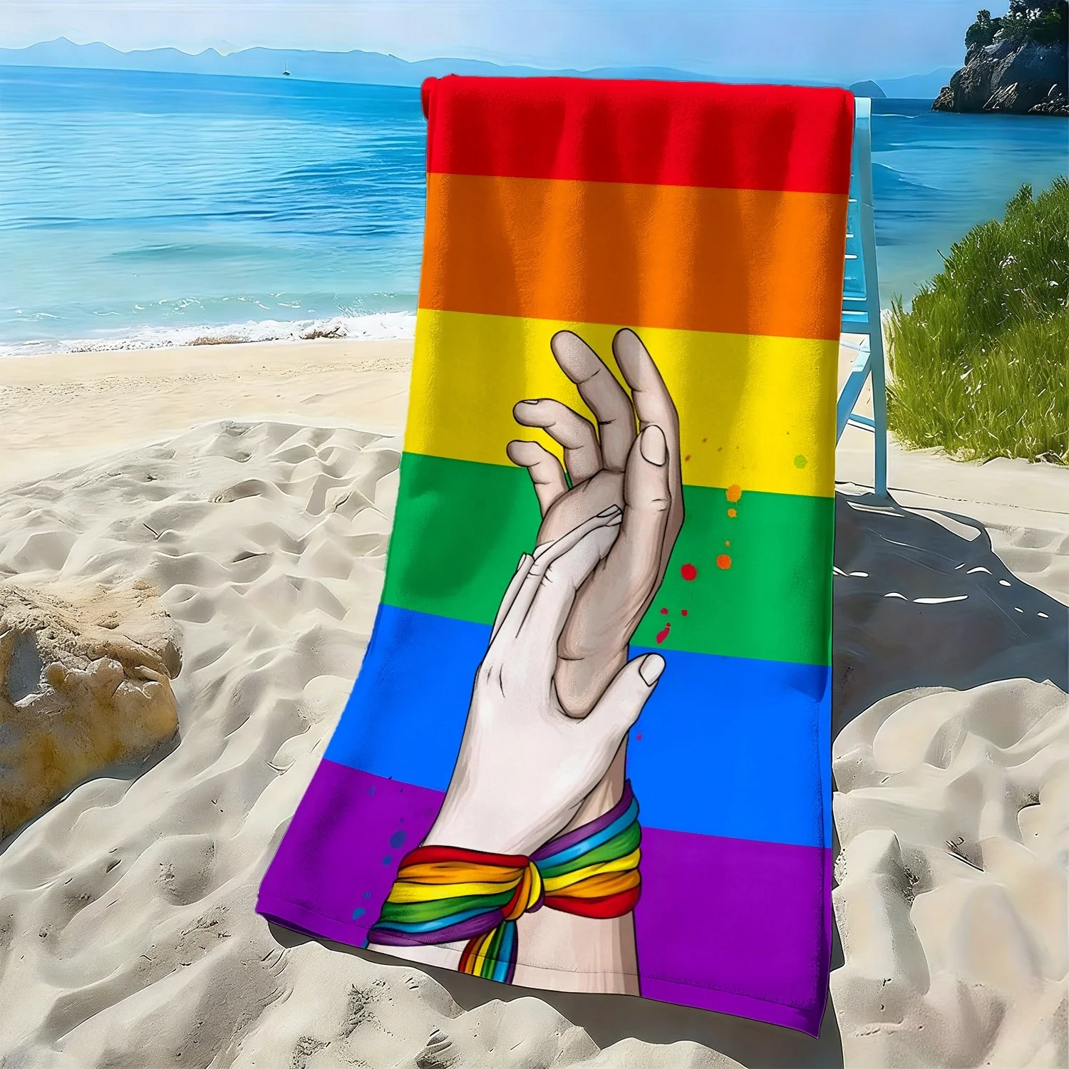 

Rainbow Flag and Holding Hands polyester microfiber beach towel is highly absorbent, suitable for swimming and beach outings