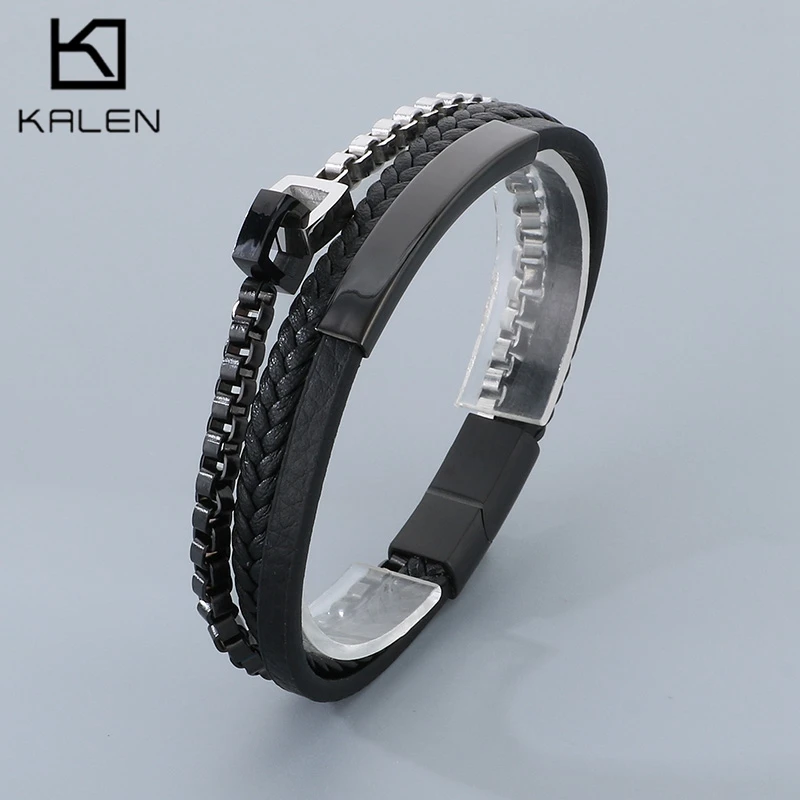 Kalen Creative Cowhide Leather Bracelet for Men Punk Stainless Steel Square Charm Accessory Personalized Biker Jewelry Gift