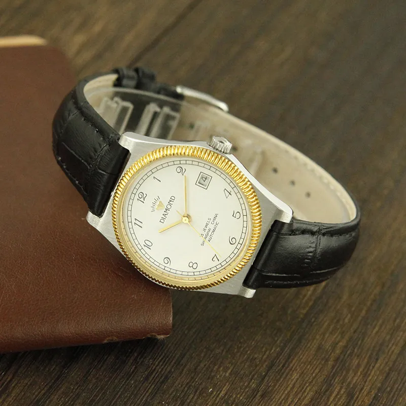 

Old Diamond Watch Calendar Leather Room Gold Simple Round Automatic Mechanical Men's Watch Antique Watch Inventory Brand New