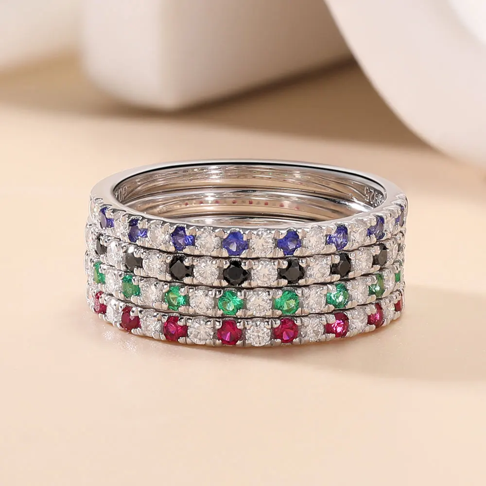 Pretty Beauty S925 Silber Halb-Eternity Smaragdring mit abwechselnden Edelsteinen und Moissanit-Ehering für Damen, edler Partyschmuck – Detail 8