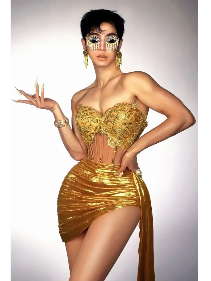 

Gold Color Women Sexy 2 Pieces Strapless Bodycon Mini Dress Bar Singer Nightclub Party Celebrate Birthday Dress Wholesale B48Q