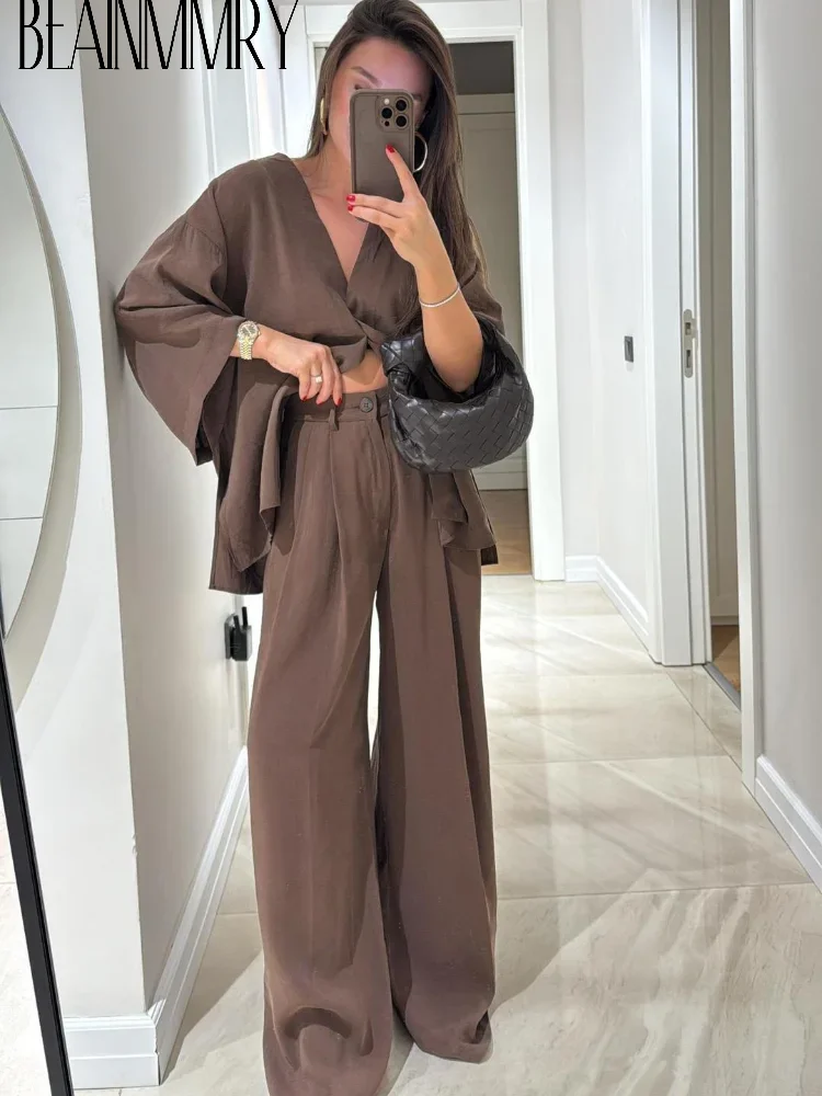 Conjunto de 2 piezas de verano para mujer, pantalones plisados informales, Top con una botonadura, ropa de calle de manga larga con cuello en V profundo para ir al trabajo en la oficina