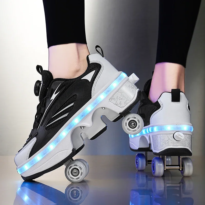 Men's Automatic Retractable Roller Shoes Unisex 4-wheel Roller Skating Shoes Fashion Dual-Purpose Sneakers With Wheels