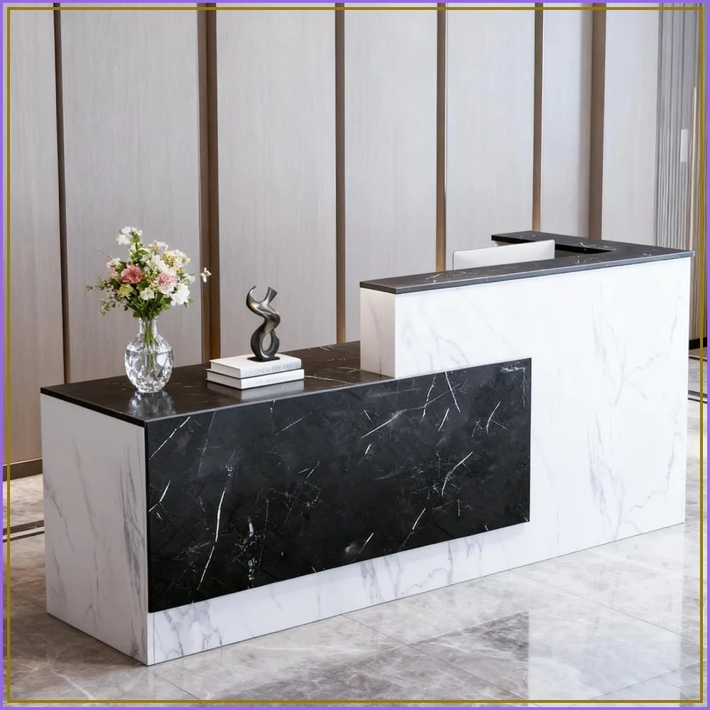L-Shaped Wooden Reception Desk with Drawers & Keyboard Tray, 71x42x41 in