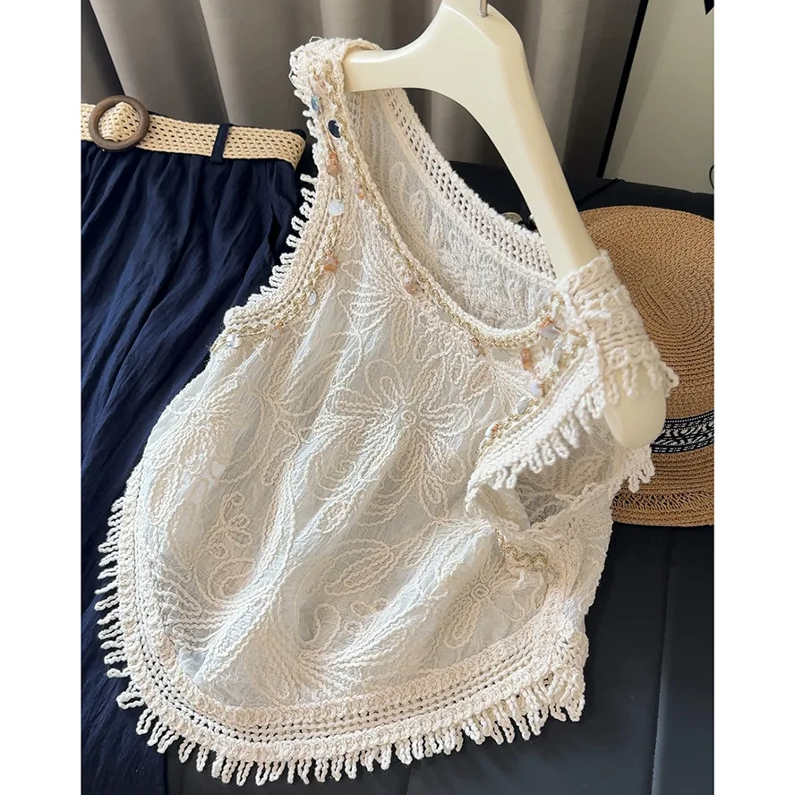 

Summer 2025 New Style Women's Knitted Short Sleeveless Vest Hollow out Bobbin Lace Design Sense Nylon Fabric Ladies Top