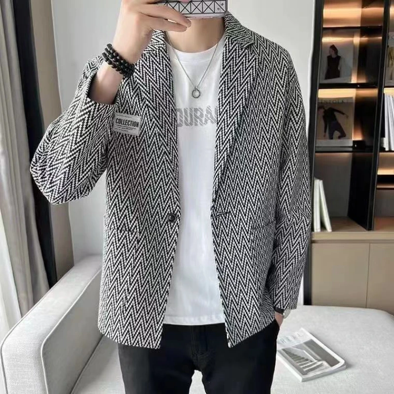 Blazers de manga comprida para namorado, terno patchwork com colarinho, bolso de botão impresso, minimalista fino, moda casual, novo, outono e