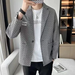 Blazers de manga comprida para namorado, terno patchwork com colarinho, bolso de botão impresso, minimalista fino, moda casual, novo, outono e inverno, 2024