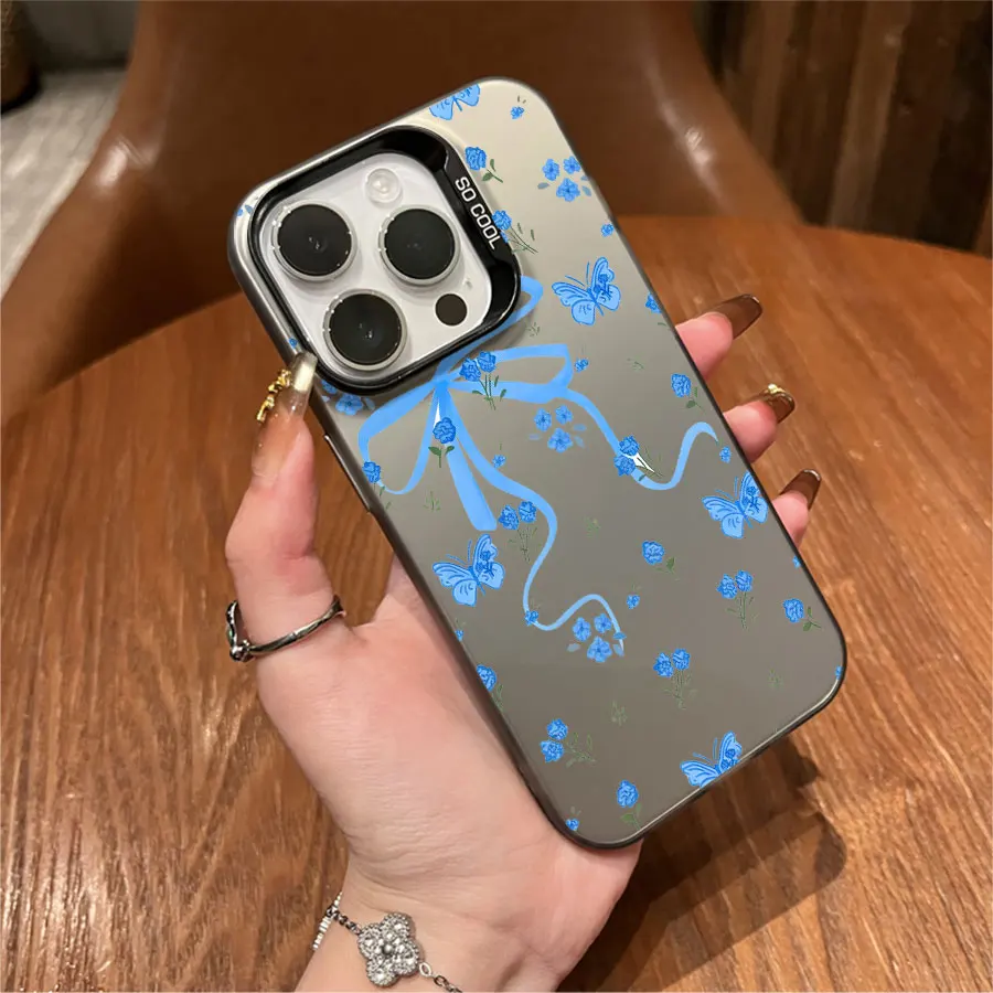 青い花柄のリボン付きiPhone 17～11 Pro Max Plus用スマホケース