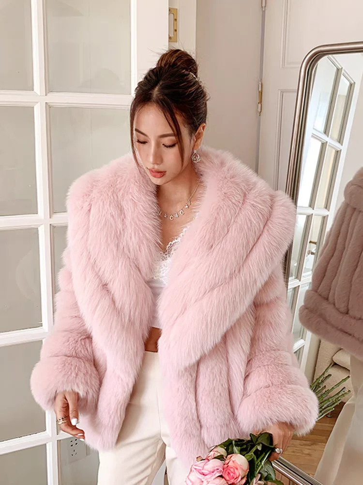 ملابس نسائية شتوية معطف فرو الثعلب الحقيقي شريط عمودي سترة فرو الثعلب الطبيعي الفاخرة الفاخرة مصمم ملابس خارجية سميكة ودافئة