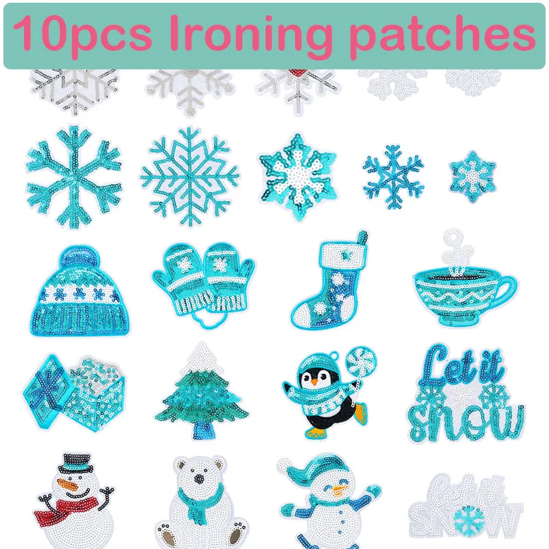 Winter Christmas Iron on Patches Snowflake Snowman Penguin Bear Embroidery Patch Set DIY Clothing Jacket Backpack Decor Applique