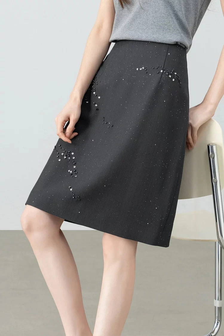SENTUBILA Damen Schwarzer Gerader Rock 2026 Sommer Eleganter Modischer Perlenstickerei Silber Schimmernder Büro-Rock 162QF6640 – Detail 12