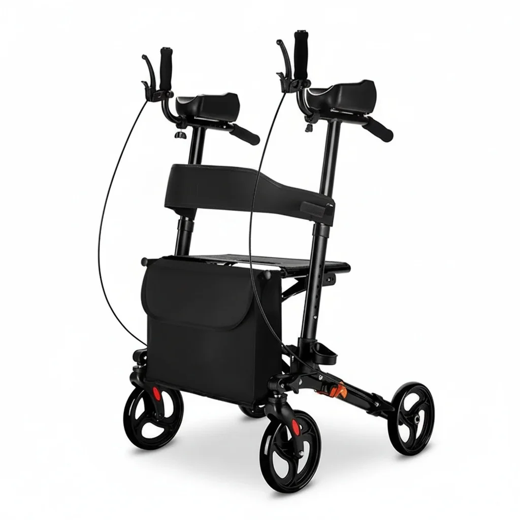 Upright Rollator Walker, Aluminum Alloy Foldable Mobility Walker with Seat, 136 kg/300 lbs Capacity, Elderly Walking Aid