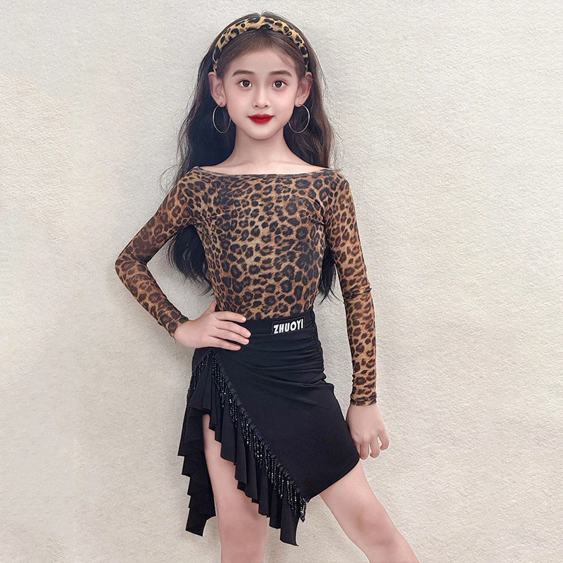 

Костюм для латинских танцев для девочек, сценическая одежда, боди с длинными рукавами, черная юбка с рюшами, детская одежда для латинских тренировок, танцевальная одежда 5018