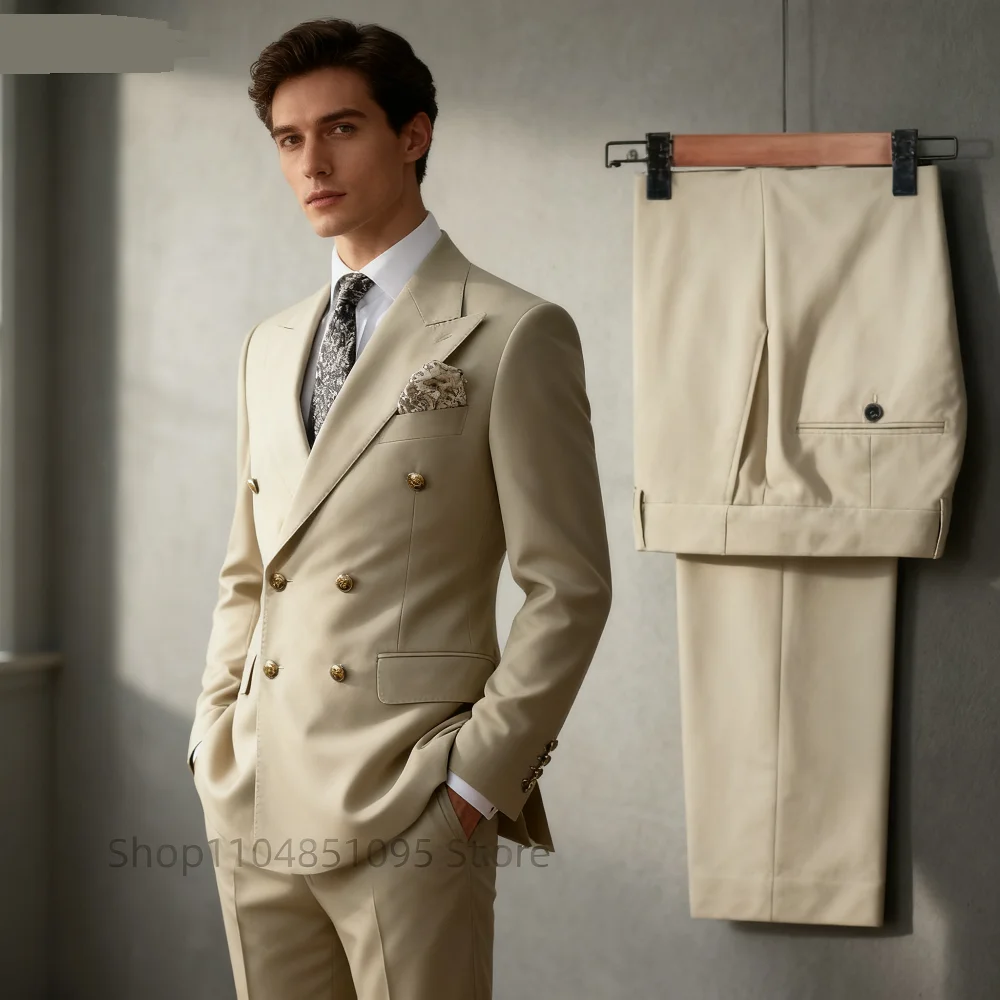 

Khaki Men's Smart Casual Suits Fashion Formal Business Wedding Groom Tuxedos Peak Lapel Double Breasted Jacket And Pants