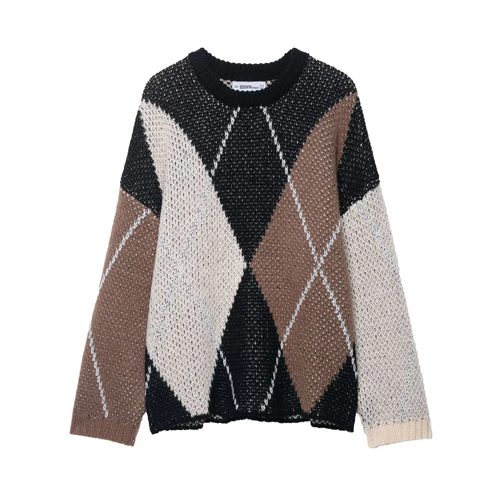 

2025 Autumn and Winter New Women's Fashion Loose and Simple Diamond Pattern Long Sleeve Knitted Sweater
