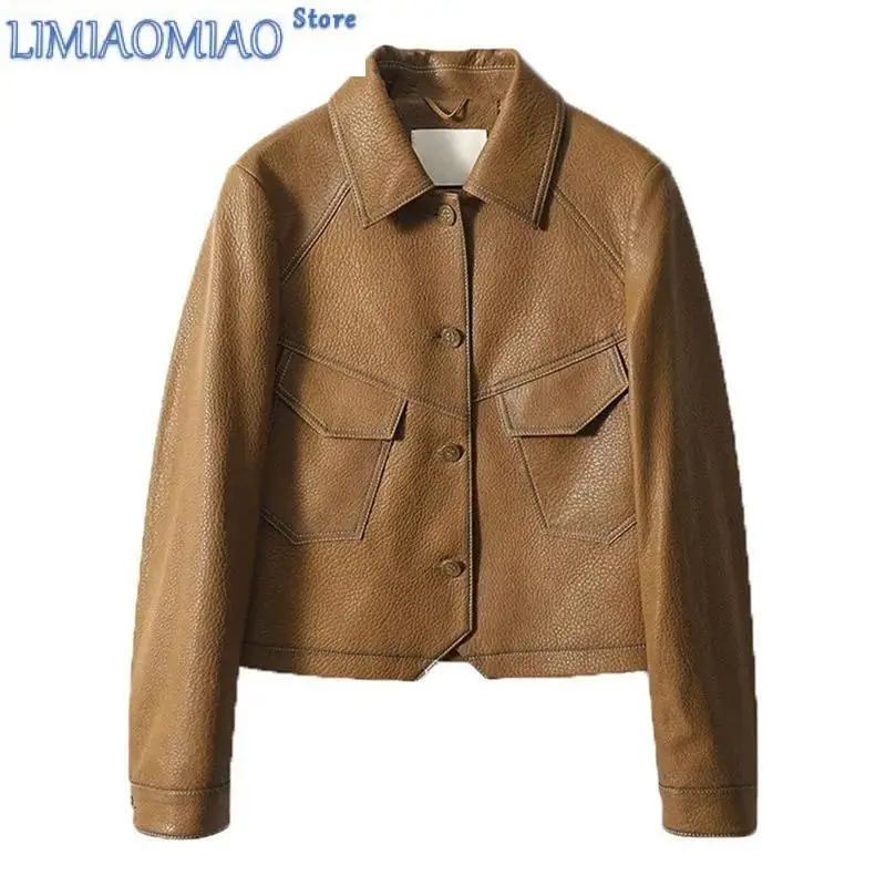 New High-End Brown Women Bike Coat PU Leather Outwear Button Outfit Spring Autumn Women Fashion Short Thin Female Jacket Black