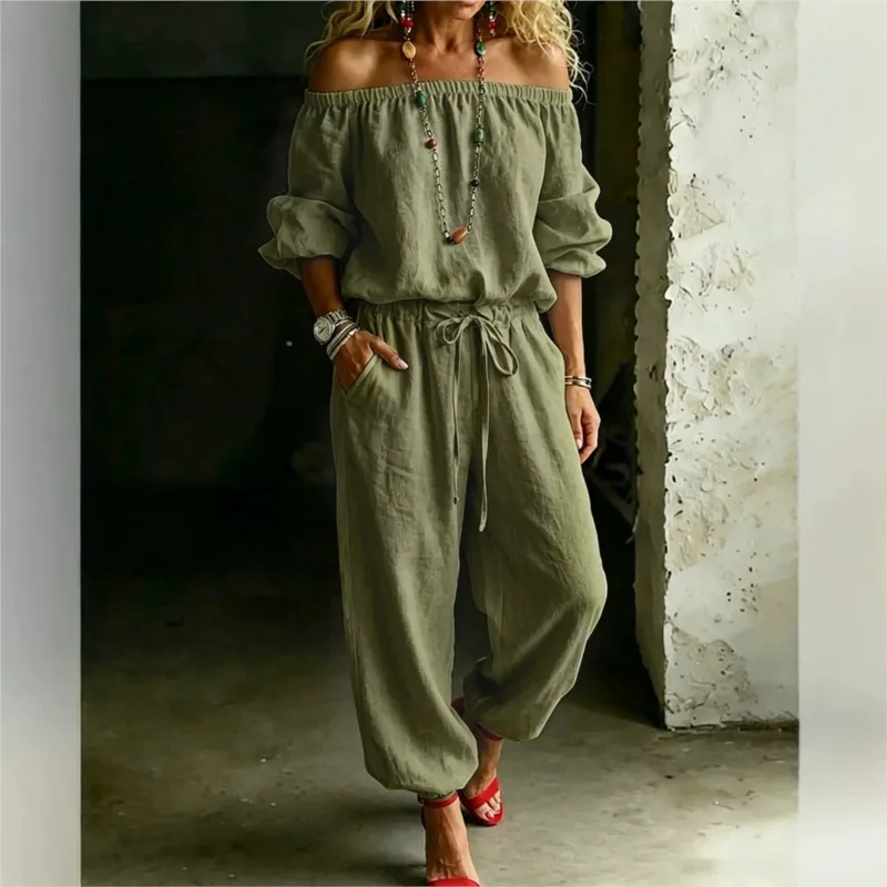 Jumpsuits for Women Spring Fashion Off Shoulder Casual Plain Long Sleeve Shirred Waist Daily Long Wide Leg Jumpsuit work clothes