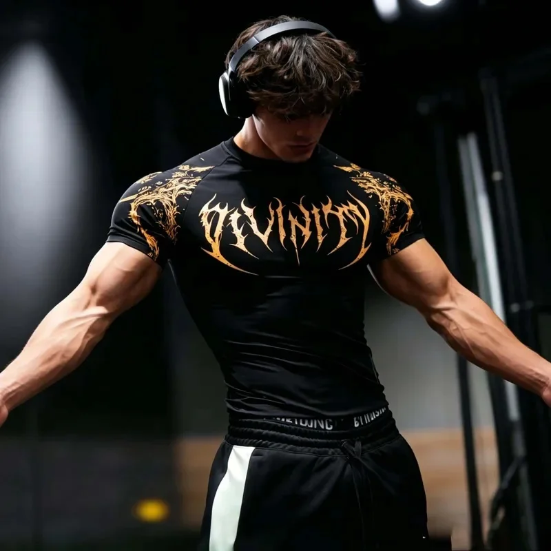 Men's Short Sleeve Floral Gothic Printed Compression T-Shirt High Elasticity Quick Dry Fitted for Workout Training