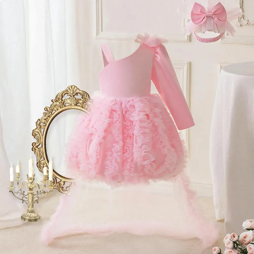 Young Girls 2pcs  Pink Trailing Dress Princess Flower Gown Girl Fancy Elegant Wedding Costumes Kids Birthday Tutu Dresses Wear