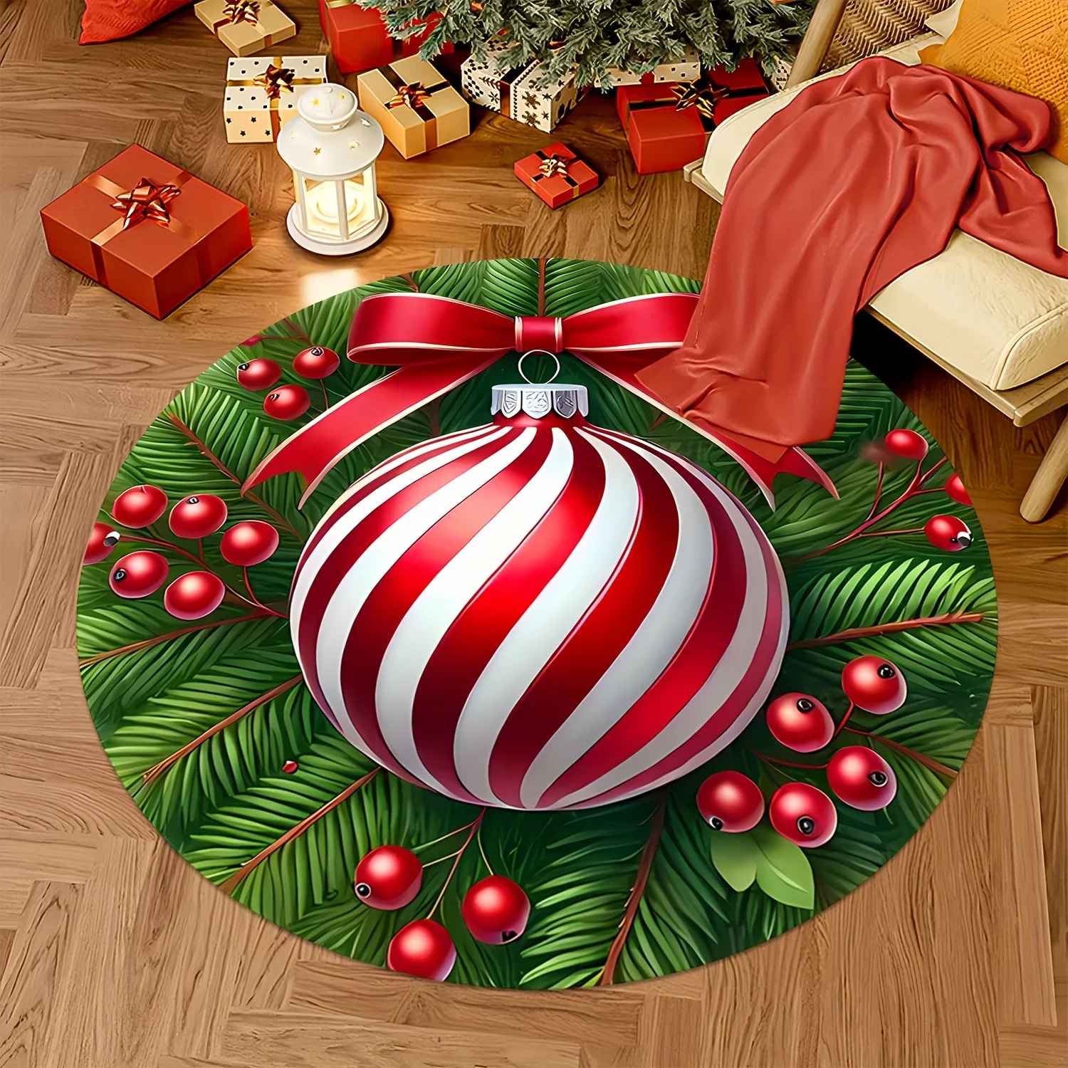 Red White Swirl Bauble Big Bow Pine Berry Print Round doormat Fresh Xmas Tree Decor Anti Slip Living Room Floor Mat