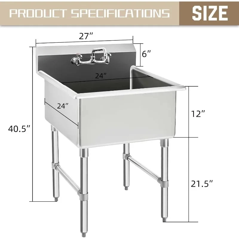 อ่างล้างจานสแตนเลส 1 ช่อง NSF Prep & Utility Sink พร้อมก๊อกน้ําและชามสําหรับบาร์, ร้านอาหาร, ห้องครัว, โรงแรมและบ้าน