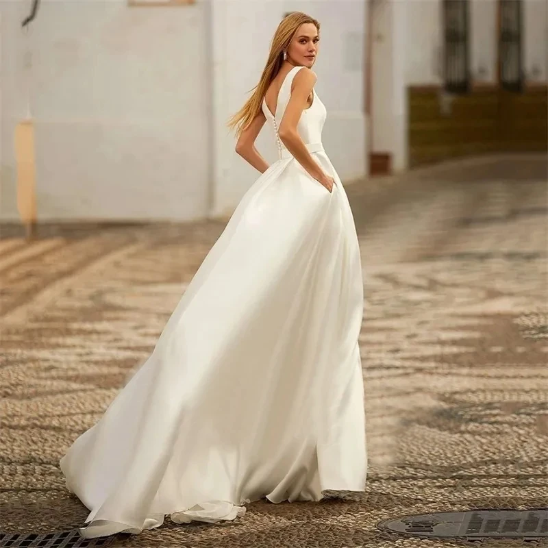 Robe de mariée en satin simple avec poches, robes sexy pour les patients, robes à col en V pour les fêtes formelles, vêtements éducatifs, 2024, 2023