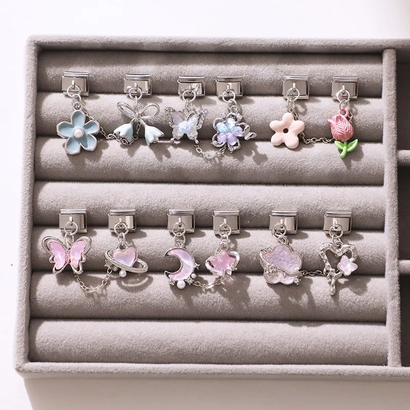 Y2K كريستال ستار القمر فراشة قنديل البحر شرابة سلسلة الإيطالية سحر الروابط صالح 9 مللي متر سوار الفولاذ المقاوم للصدأ DIY بها بنفسك صنع المجوهرات #5