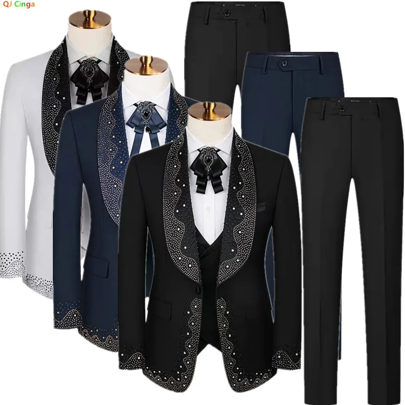 

Black Mens Suit 3 Piece ,Wedding/Banquet/Party Dress Jacket and Vest with Trousers,Dark Blue White Slim fit Sets, Asian Size