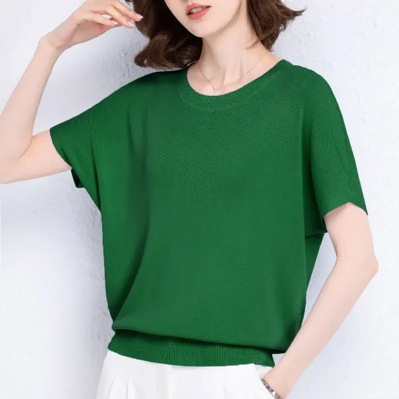 

Batwing Shirt Ice Silk Knit Top Thin Summer T-shirt Women Fashionable