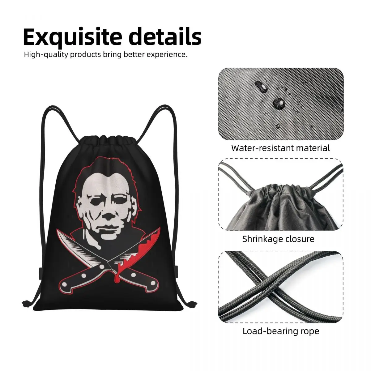 Custom Halloween Horror Michael Myers Knives Drawstring Backpack Bags Lightweight Gym Sports Sackpack Sacks for Training