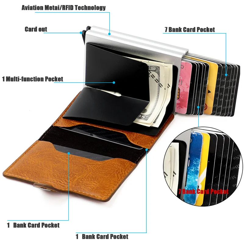 Anti-theft Brush Aluminum Box Card Holder with Snap PU Leather Multi-card Slot Money Clip Automatically Pop Up Credit Card Cover