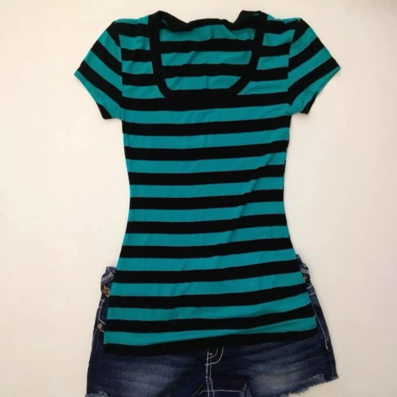 Y2k Spicy Girls Stripe Crop Top Vintage Square Neck Waist Cinched Short Sleeve T-shirt High Street Fashion Chic Tee Streetwear