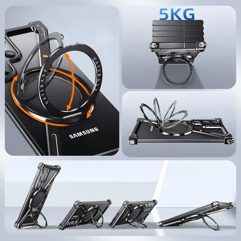 For Samsang Z Fold 6 5 Z Shape Titanium Metal Phone Case for Samsang Galaxy S24 S25 Ultra w/ 360° Magnetic Rotation Holder Case