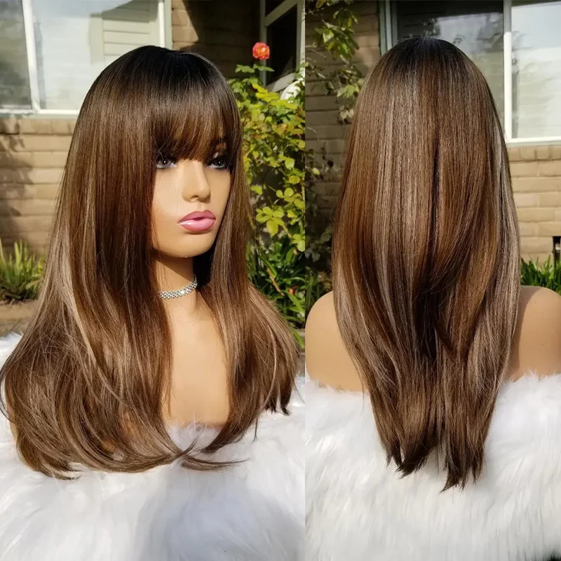 Brown Blonde Highlights Wig Cool Toned Brown Hair with Bangs Synthetic Heat Resistant Straight Natural Looking Women Wigs Daily