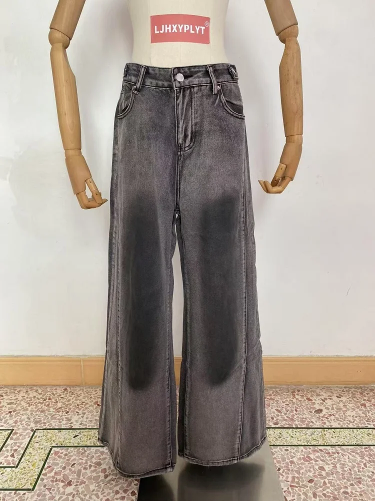 

Женские черные, серые осенние джинсы с градиентом, винтажная уличная одежда, мешковатые брюки, женские повседневные прямые джинсовые брюки с высокой талией