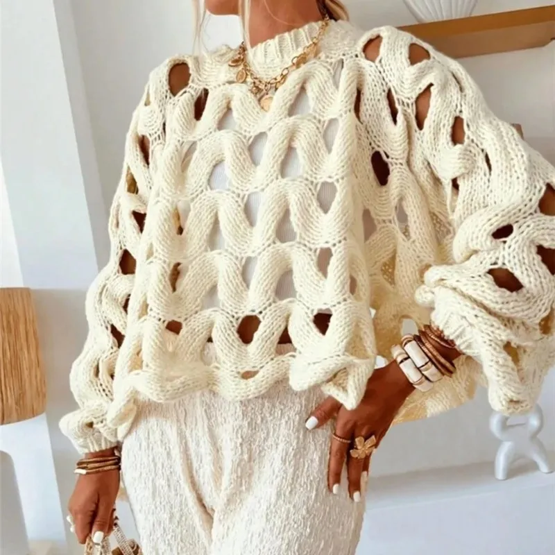 ファッションカジュアルレディースセータープルオーバー、バケーションビーチ、透かし彫りクロシェ、長袖無地ラウンドネックセータートップス