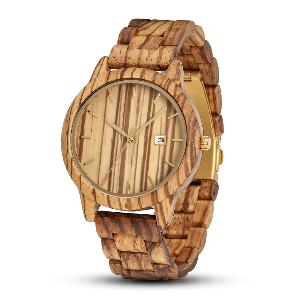 Handmade Light Round Wooden Male Watch Date Window Fold Buckle Practical Gift Fashion Quartz Wristwatch