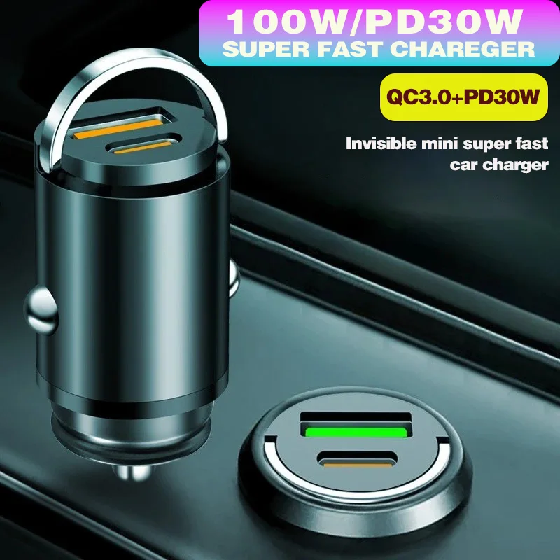 MAX 100W Invisible Mini Car Charger 2 Ports Car Charger Fast Charging PD30W/QC3.0Car Cigarette Lighter Flash Charge for phones