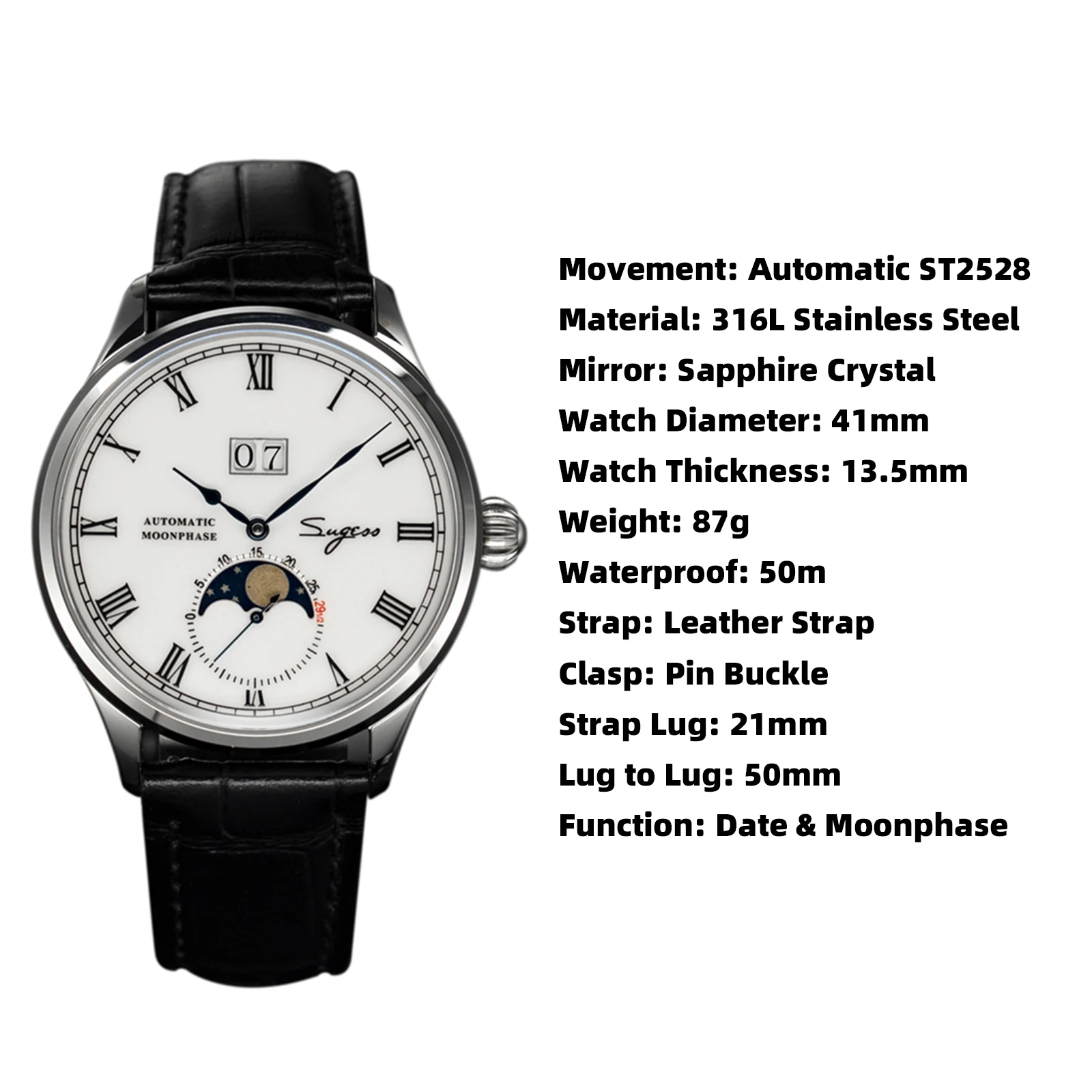 Sugess Watch Tianjin ST25 Automatic Mechanical Movement Real Moonphase Men Watches Luxury Wristwatch Retro Reloj Hombre Sapphire