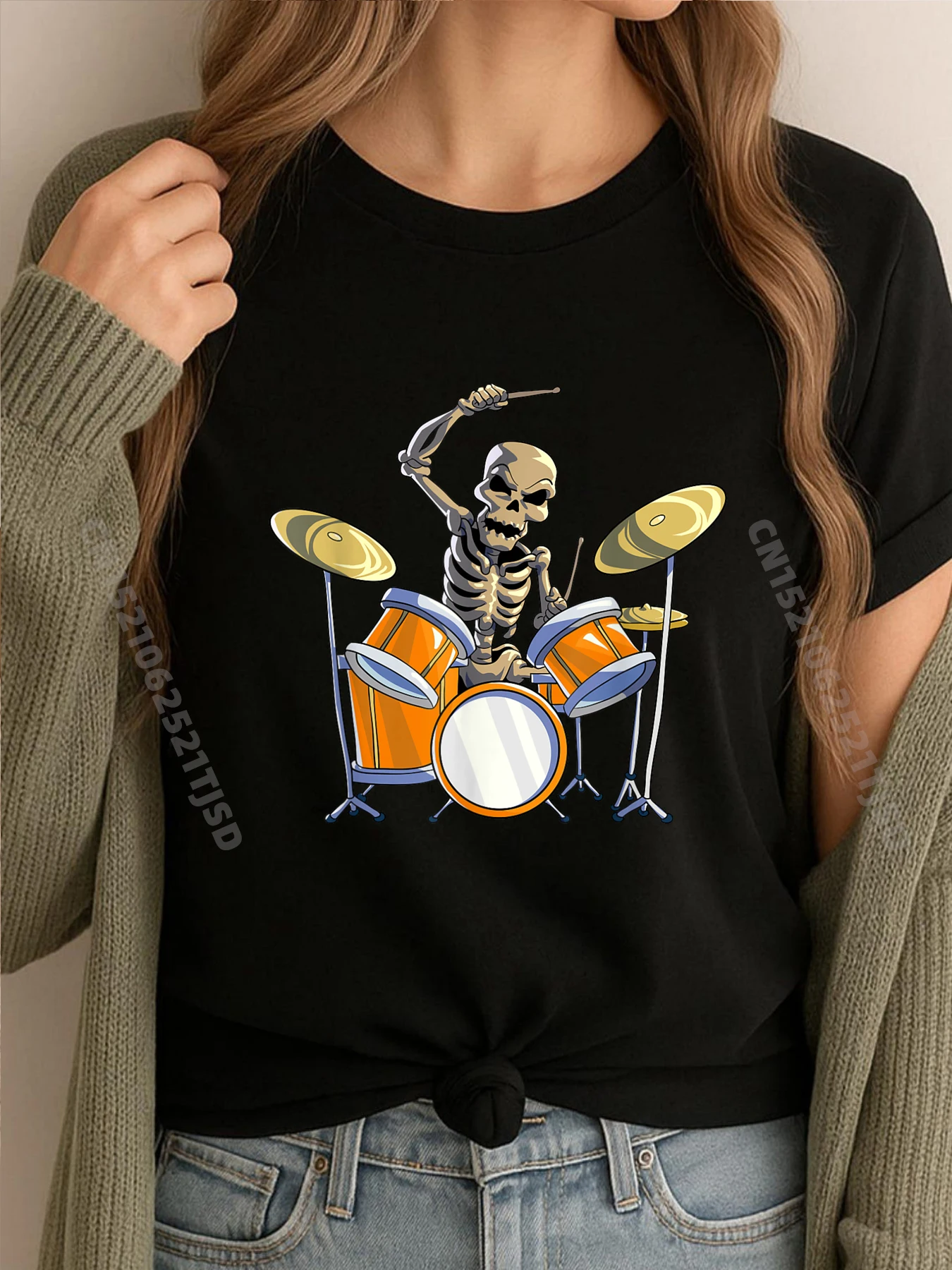

Drummer Skeleton Woman Drum Set Drummer Halloween White Graphic Tee Breathable Gifts For Woman Luxury
