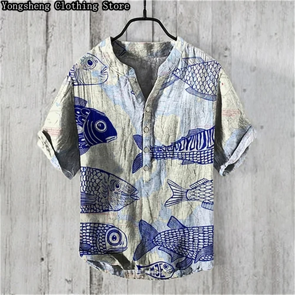 Summer men\'s short-sleeved POLO shirt linen printed shirt fashionable personality element printed large size shirt S-5XL
