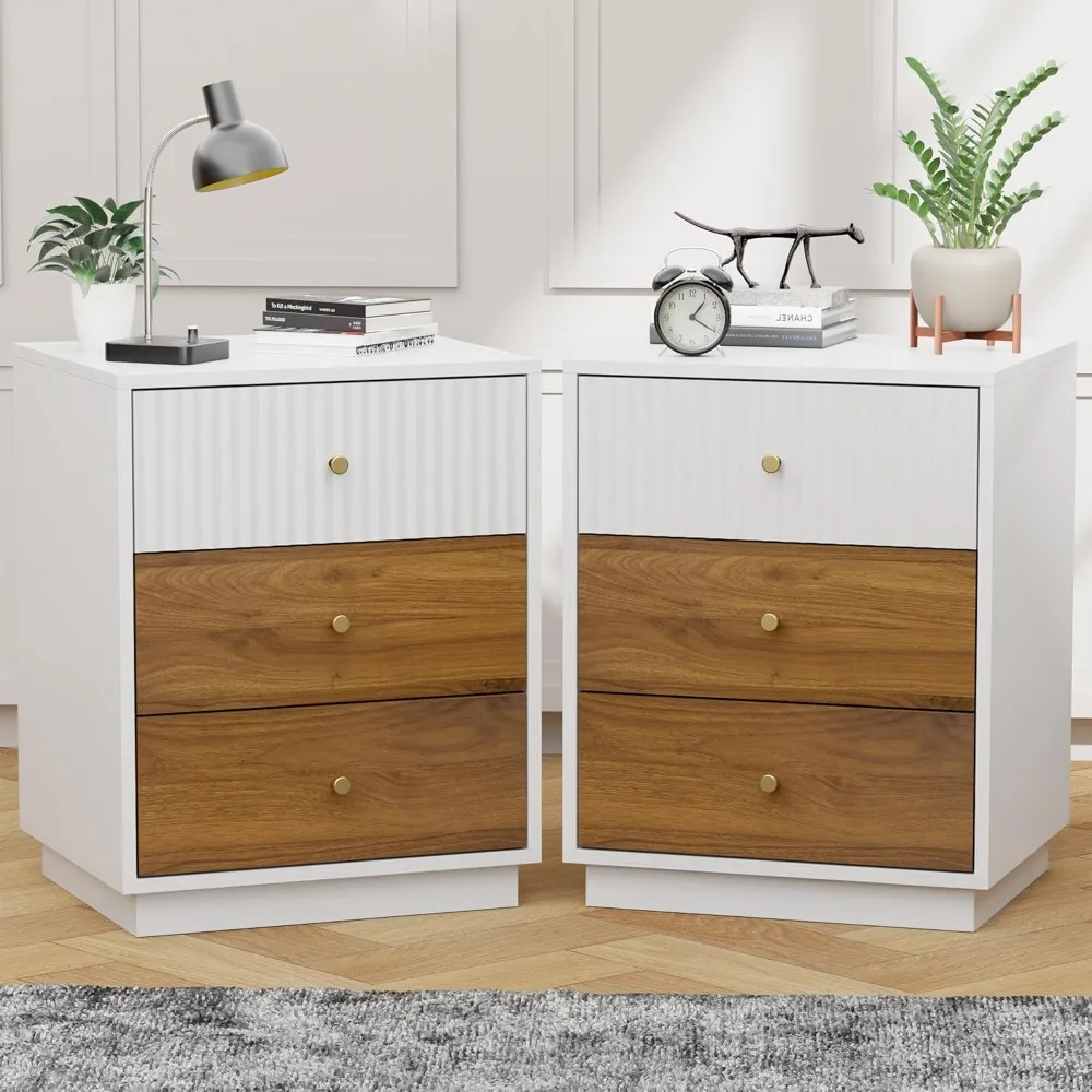 

23.6" Set of 2 Tall Night Stand with 3 Storage Drawers, Fluted Nightstand with Metal Handles, Modern End Table, Customized