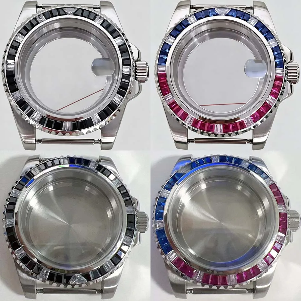 

40mm Crystal Watch Case for NH35A NH36 Movement Flat Sapphire Glass Diamond Bezel Unidirectional Rotating Case Watch Repair Part