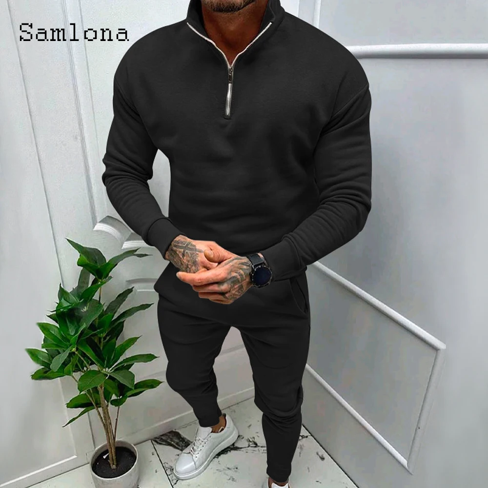 Plus Size Mens Casual Two Piece Sets 2023 Autumn Winter Fashion Zipper Sweatshirt and Solid Khaki Sweatpants Male Tracksuits Set