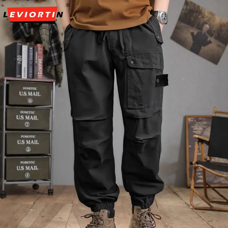 

Men's retro work pants with multiple pockets and versatile ankle binding, fashionable and casual thin straight leg pants